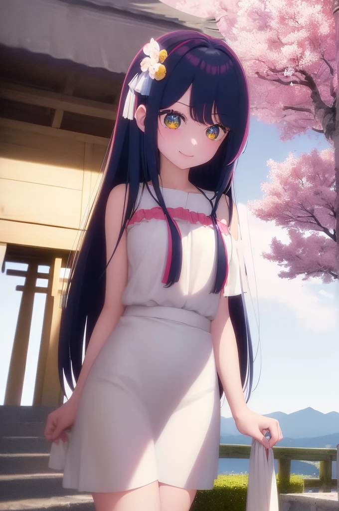 (((masterpiece: 1,5, Highest quality, High resolution, Super Resolution, Super detailed: 1,2, Rich background: 1,4))), (close), (One girl), alone, Green Eyes, blonde long hair tied with blue ribbon, hair ornaments, Blunt bangs, smile, high school girl, Mid-chest, ((手をnull中に上げる)), (((Completely naked))), Sandals, ribbon, heart, ((Outdoor)), Cherry Blossom, (torii), Stone stairs, null (afternoon), Cherry Blossoms fall, ((Dramatic Light: 1,3)), cloudy, (Mt.Fuji scenery)