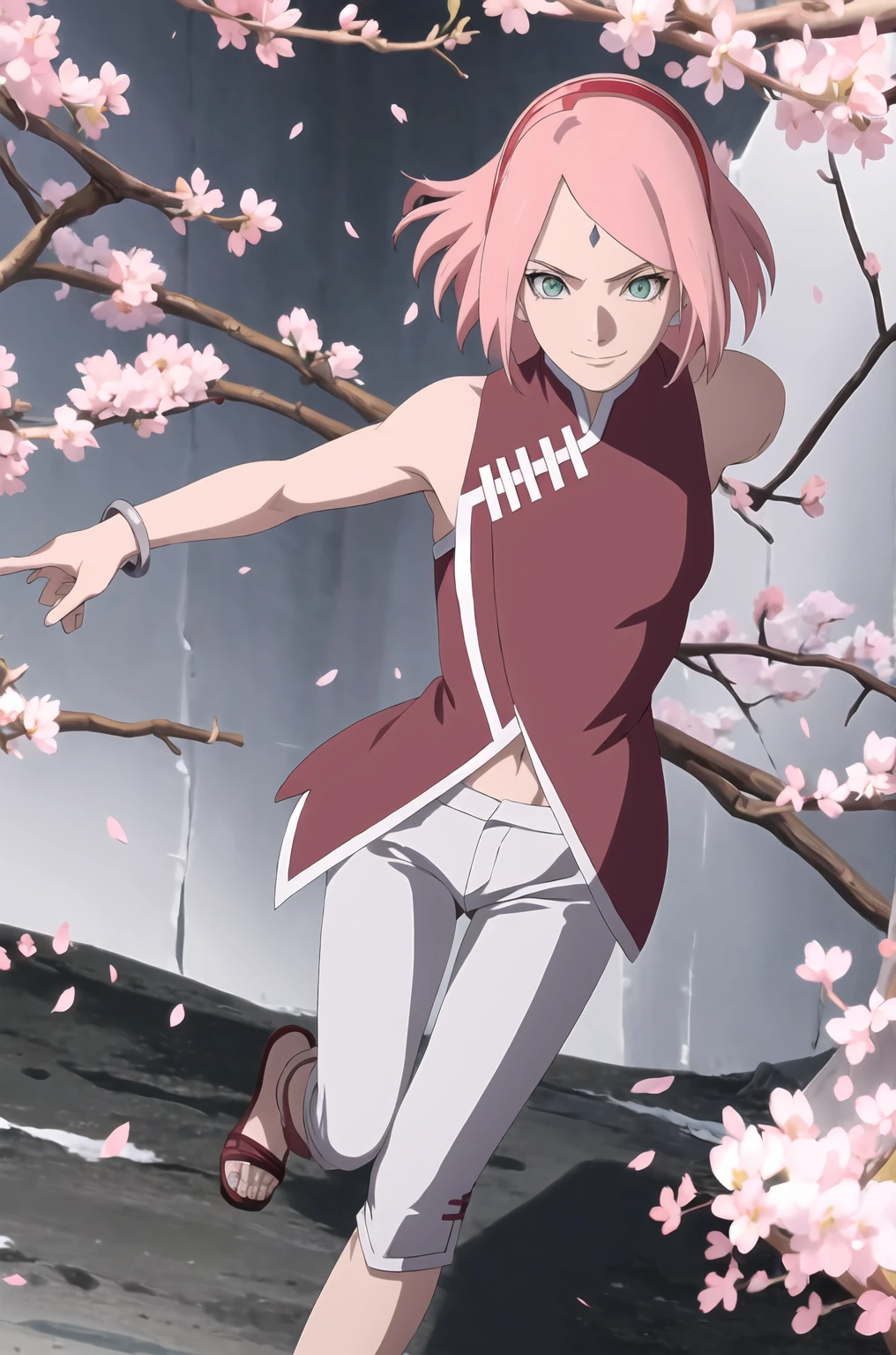 masterpiece, absurdres ,1girl, haruno sakura,forehead mark, red hairband, red sleeveless dress, white pants,navel, groin, bracelet, looking at viewer, crossed arms, smile, cherry blossoms, wind, floating hair,
