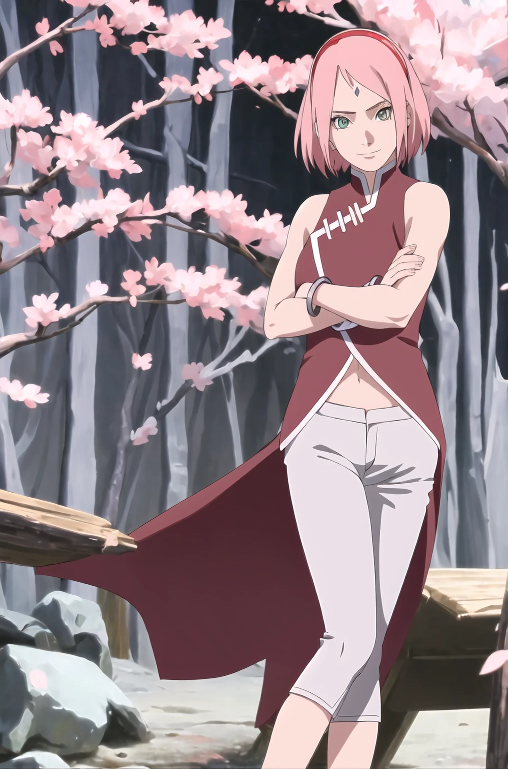 masterpiece, absurdres ,1girl, haruno sakura,forehead mark, red hairband, red sleeveless dress, white pants,navel, groin, bracelet, looking at viewer, crossed arms, smile, cherry blossoms, wind, floating hair,