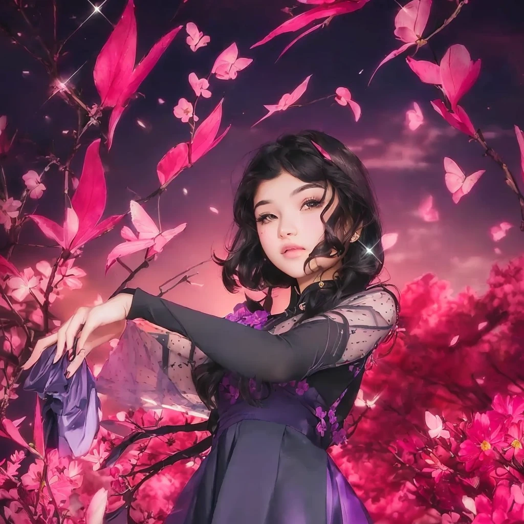 Cute girl in a purple dress with pink flowers in the background, realistic