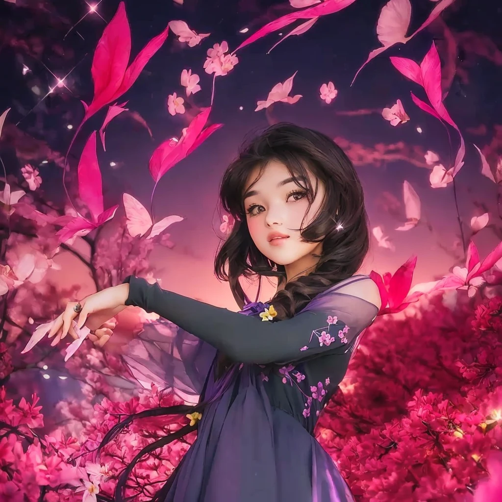 Cute girl in a purple dress with pink flowers in the background, realistic