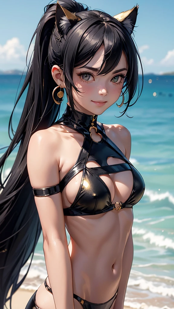 (high resolution, upper body, soft skin:1.2),(best illustration,masterpiece:1.2),ultra-detailed,[(cat ears , black inside:1.2, black ponytail hair, gold cat eyes),vivid colors,sharp focus, sunlight,bokeh, wearing a gold bikini, beach background, smiling, walking on the pier