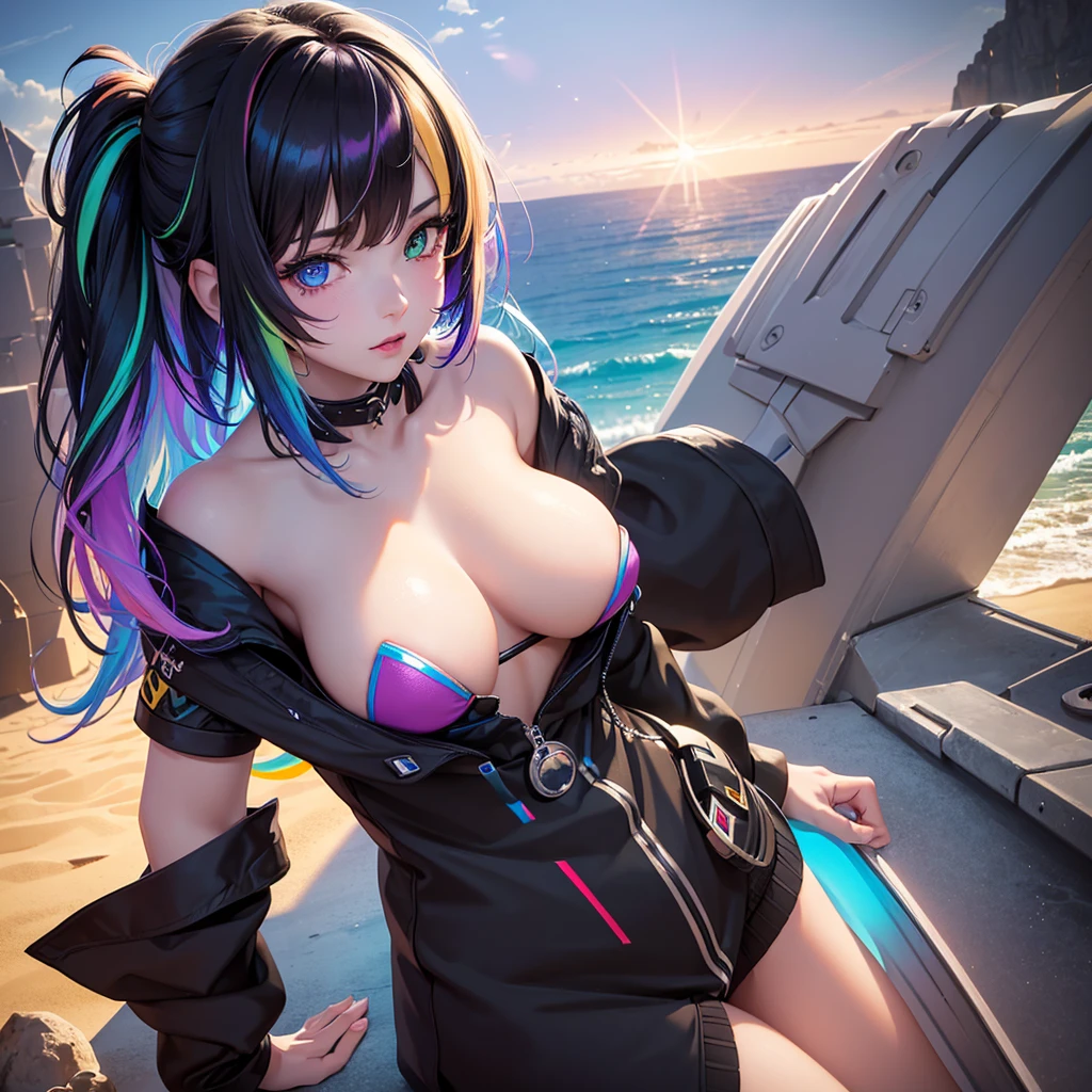 {{masterpiece}}, best quality, extremely detailed CG unity 8k wallpaper, cinematic lighting, lens flare, beautiful detail eyes, black,  side glance,  multicolor short white hair, colorful light, particles, heterochromia, (colorful:1.5), (colorful hair:1.5), futuristic bikini, beach view, nipple slip, little breast,
