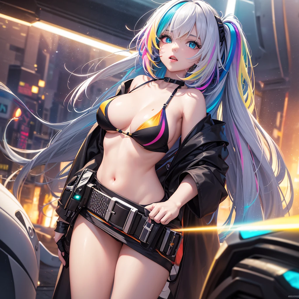 {{masterpiece}}, best quality, extremely detailed CG unity 8k wallpaper, cinematic lighting, lens flare, beautiful detail eyes, black,  side glance,  multicolor short white hair, colorful light, particles, heterochromia, (colorful:1.5), (colorful hair:1.5), futuristic bikini, beach view, nipple slip, little breast,
