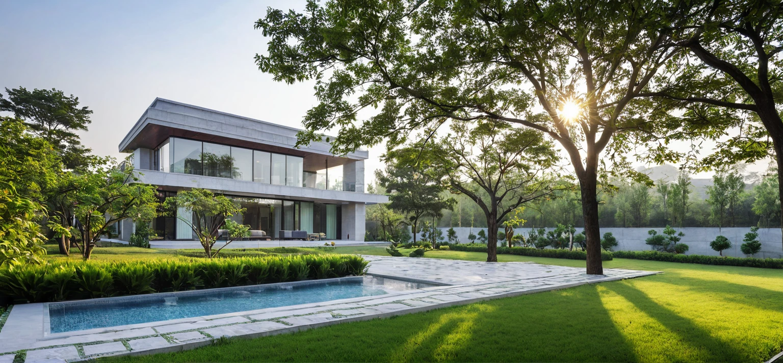 qlcd,tingyuan, photo of modern villa, grassland, garden, shrubs and trees, rock decoration, clear sky, sun light, realistic photo