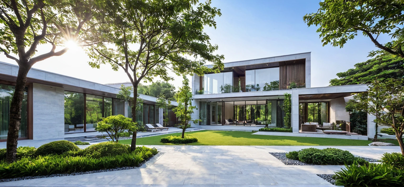 qlcd,tingyuan, photo of modern villa, grassland, garden, shrubs and trees, rock decoration, clear sky, sun light, realistic photo