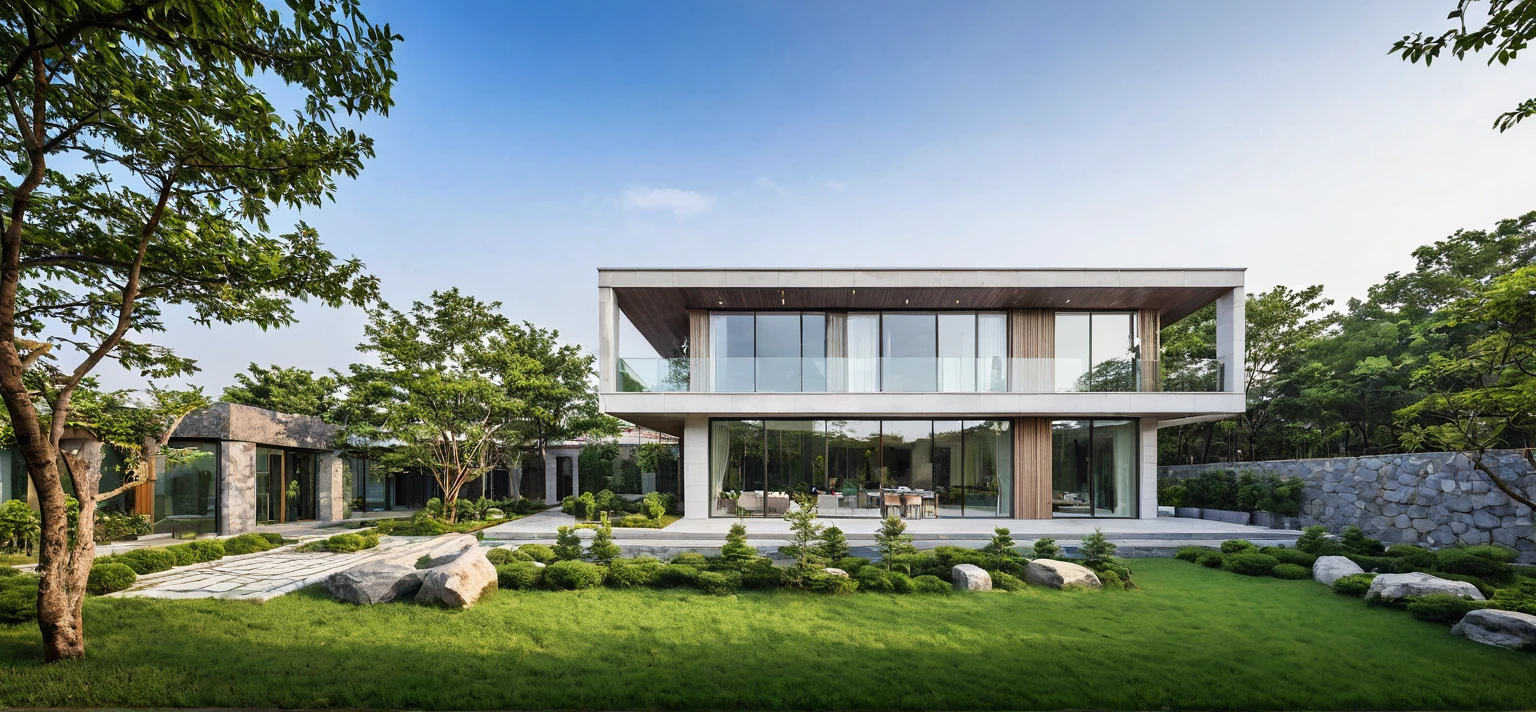 qlcd,tingyuan, photo of modern villa, grassland, garden, shrubs and trees, rock decoration, clear sky, sun light, realistic photo