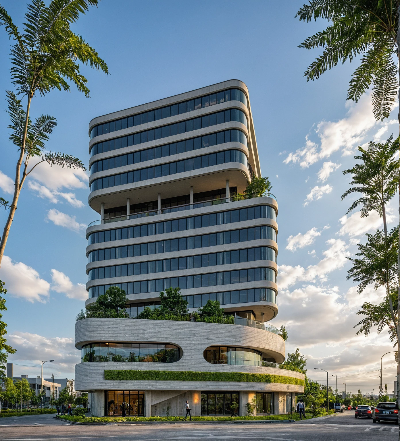 Masterpiece, high quality, best quality, authentic, super detail, office building, aluminum cover, concrete column, outdoors, FPT building, house style modern on the street, white wall, road, pavement, grass, trees, sky, cloud, (daylight:1.1)