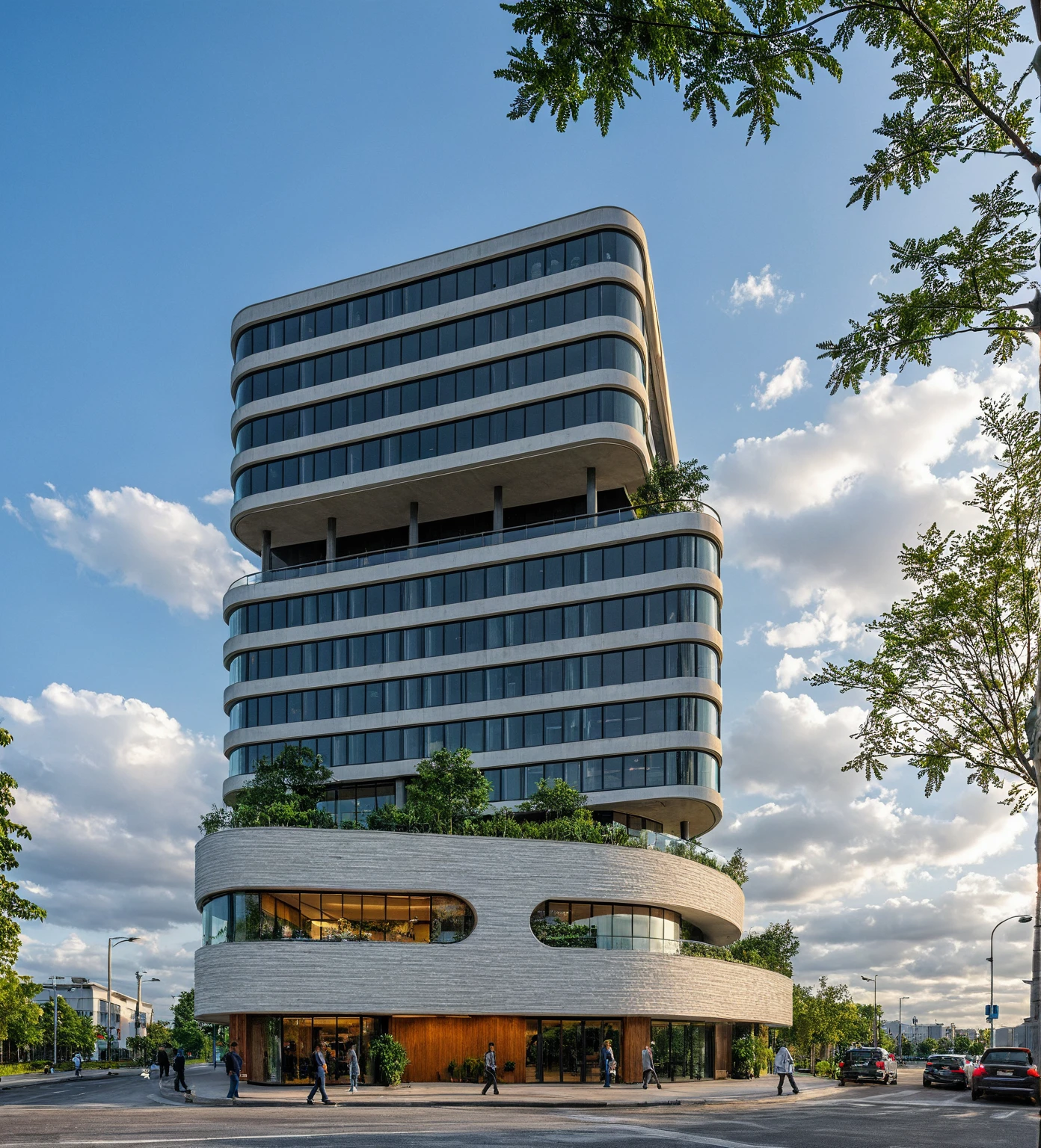 Masterpiece, high quality, best quality, authentic, super detail, office building, aluminum cover, concrete column, outdoors, FPT building, house style modern on the street, white wall, road, pavement, grass, trees, sky, cloud, (daylight:1.1)