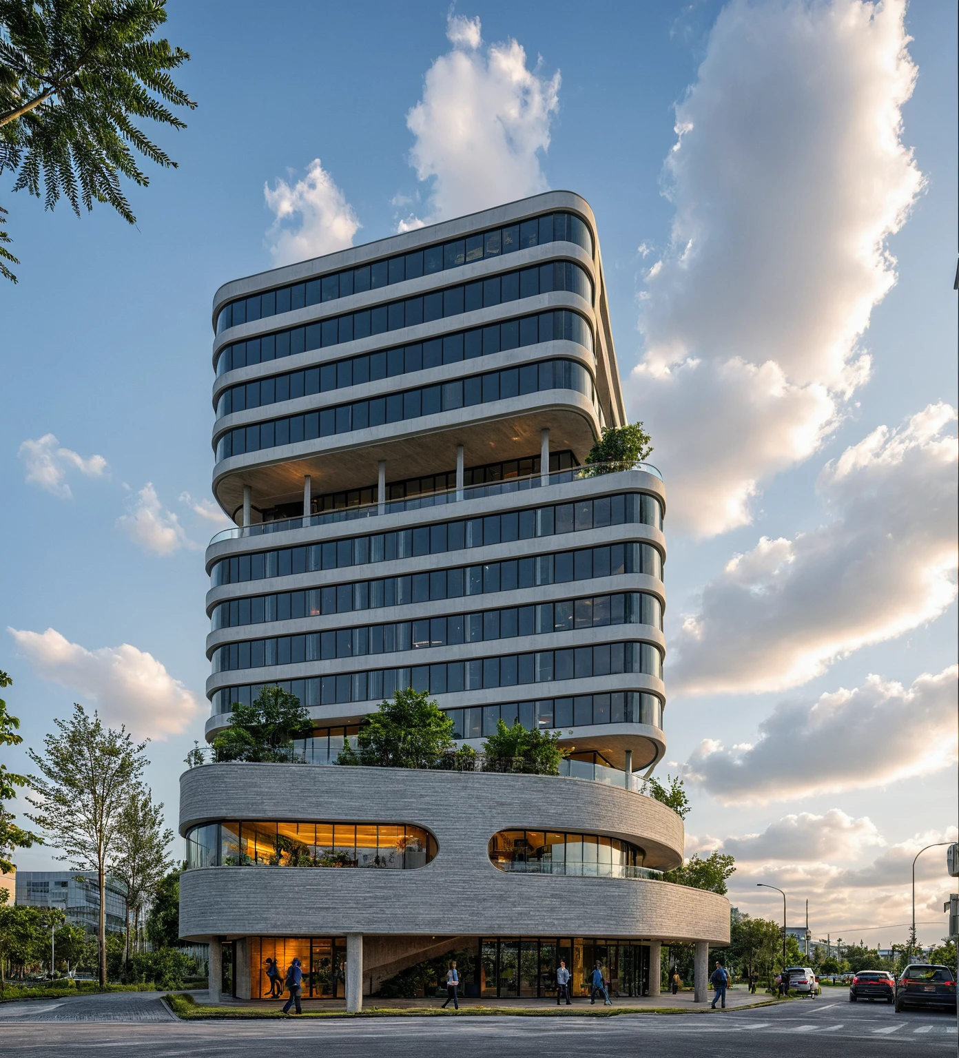 Masterpiece, high quality, best quality, authentic, super detail, office building, aluminum cover, concrete column, outdoors, FPT building, house style modern on the street, white wall, road, pavement, grass, trees, sky, cloud, (daylight:1.1)