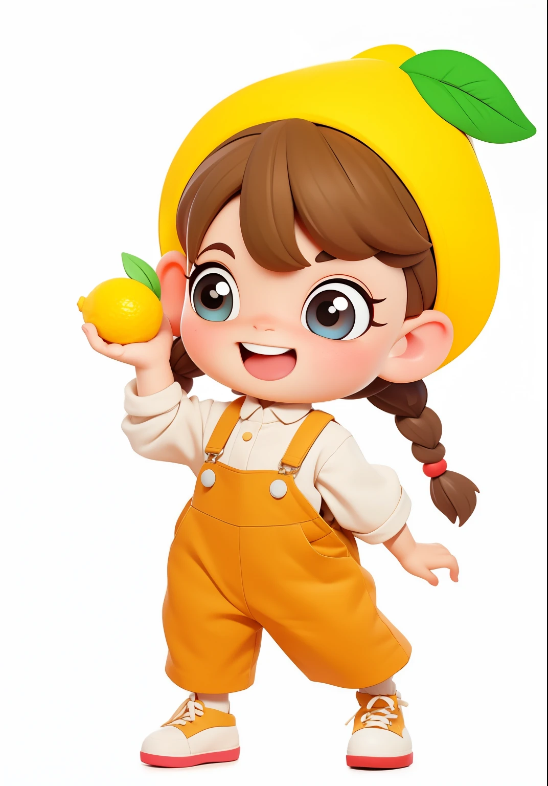 whole body、《Q version girl》、Reflecting the image of lemon in clothing、Lemon hat、Accessories、Green leaves、Super happy、Smile with teeth、Lively and cute girl、cute shoes、Holding a lemon in hand、(dwarf:1.2)、Brown eyes、Long eyelashes、big eyes、Delicate and bright eyes、braid、big ear、Clear finger details、The fingers are clearly defined、Hand super detail、Overalls、Blind Box Toys、Pixar style、give him a smile、Put a sweet smile on his face、3D Rendering、