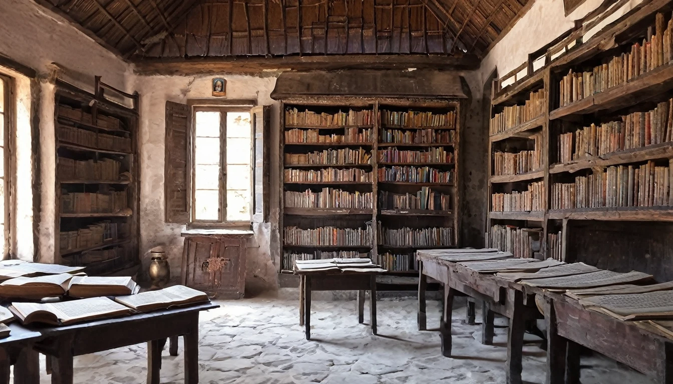 a village library, a dusty old building filled with ancient books and scrolls