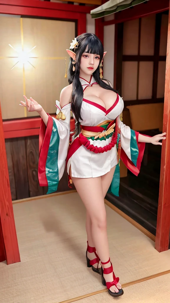 (((big breasts))), cute girls, elf, 1girl, solo, long hair, looking at viewer, skirt, (big breasts and exposed breasts), black hair, hair ornament, gloves, cleavage, brown eyes, detached sleeves, japanese clothes, super short pants, wide sleeves, blunt bangs, fingerless gloves, standing and 2 hands drop down, lotus, lotus leaf, cherry blossom, japanese temple, a slim navel, full body,(masterpiece,best quality:1.5)