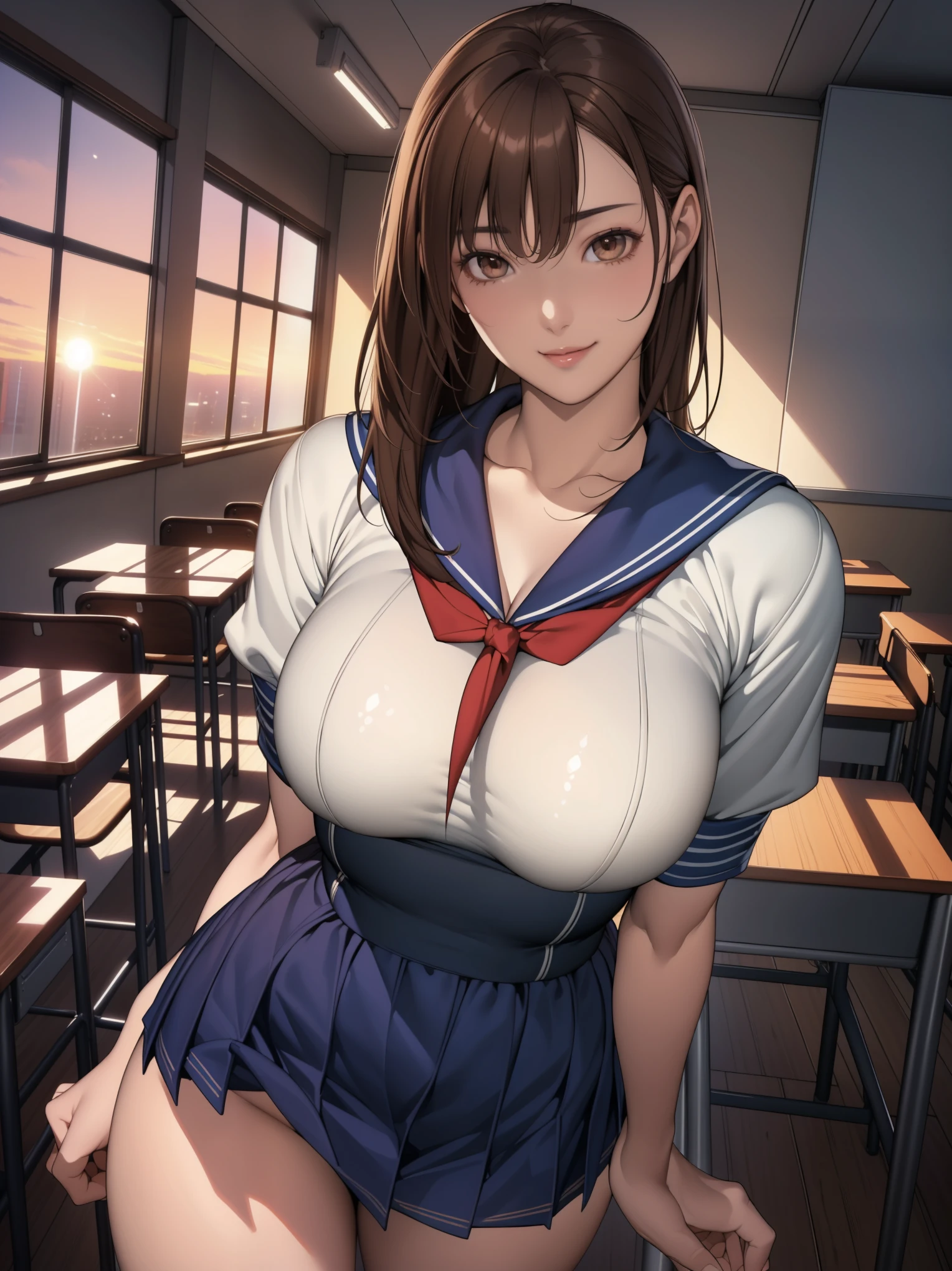 (8K,Realistic, Tabletop, Highest quality, RAW Photos:1.3)、One Girl, 18-year-old,alone,high school girl, Long Hair, Brown Hair, Beautiful face in every detail, Attractive face, (Beautiful brown eyes in every detail:1.2), Medium chest,(Underbust:1.0),(Covered nipples:0.99),(Loose Sailor Uniform :1.35), ( Slim beauty with perfect body: 1.4),( Seductive Pose:1.3), (View your viewers, Front view,Eyes focus:1.2), Detailed Background, (sunset:1.2), classroom,Fine details, Intricate details,  Ray Tracing, Depth of written boundary, Captivating smile,classroom,