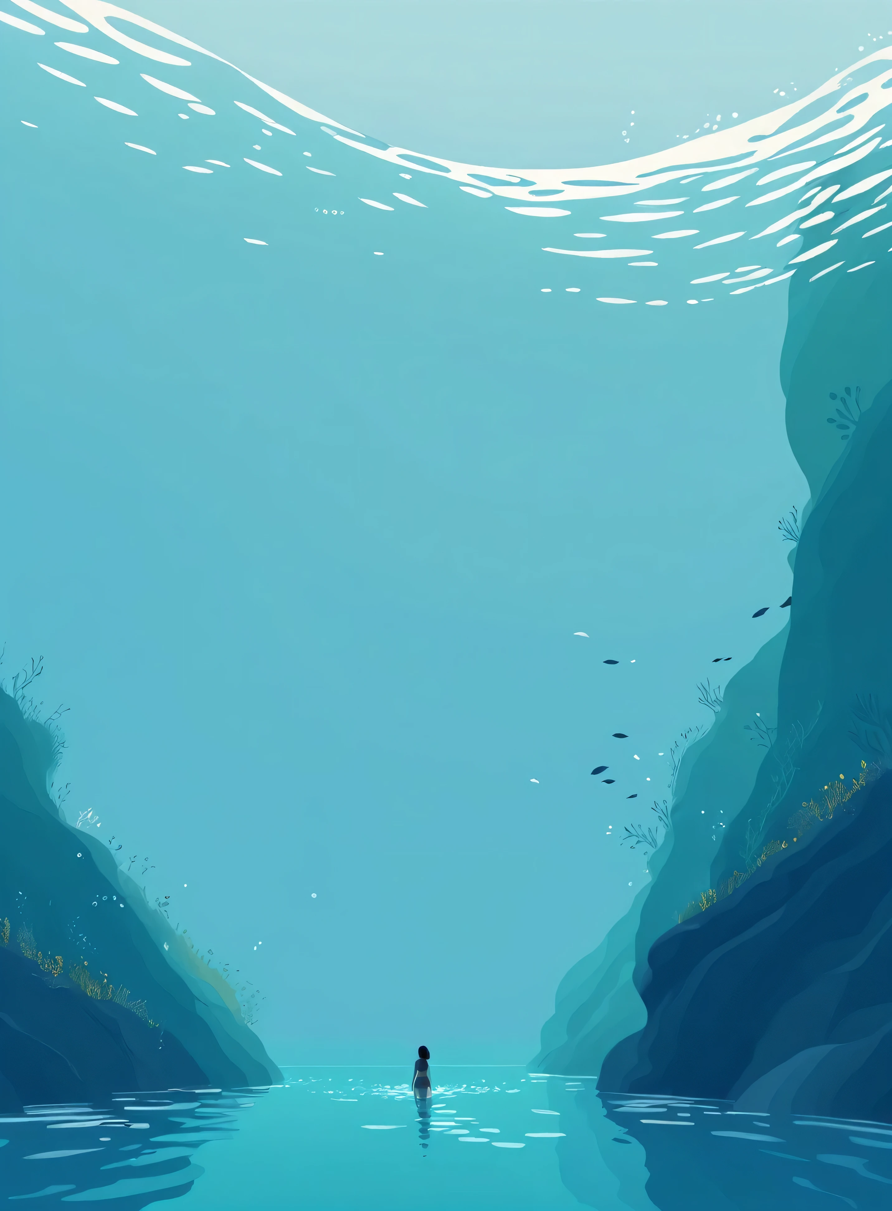 Minimalist Journey, diving, Solitary, 1 girl swimming gracefully with beautiful curves, Minimalism, Under the Sea, illustration.