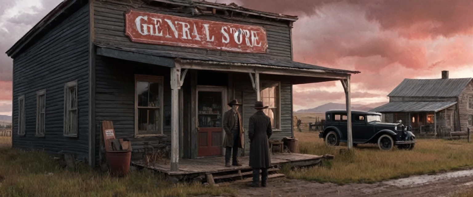 a photo of a man and woman standing next to an old 1930s' general store as illustrated in top cow comics, stormy red sky, in the old west, featured on dribbble, kino's journey (2003), mystery and detective themed, valve promotional splash art, the 'american gothic' painting, ( ( large black hat ) ), twisted rays, scythe design, anato finnstark and kelogsloops