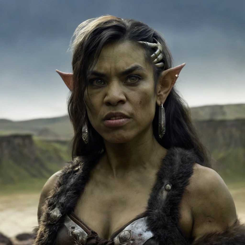 (masterpiece)+, (extremely (realistic)+,a portrait of an ugly young extremely fit female half-orc half-asian barbarian, Bestial facial features, Long black. bad skin, dirty, Wearing fur armor, Focused stare. Looking in camera. volumetrics dtx, Photorealistic, ultra detailed, Artstation trending, very very detailed, realistic shaded lighting, dynamic shadows, detailed Mountain background, upper body, professional photograph of a detailed skin, sharp focus, dramatic, award winning, cinematic lighting, octane render, unreal engine, volumetrics dtx, Photorealistic, ultra detailed, Artstation trending, very very detailed, hyperrealistic, fine details, realistic shaded lighting, dynamic shadows, Mountains background, add_detail:1, skin pores and wrinkles, details.,More Reasonable Details