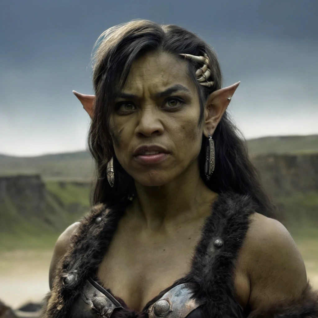 (masterpiece)+, (extremely (realistic)+,a portrait of an ugly young extremely fit female half-orc half-asian barbarian, Bestial facial features, Long black. bad skin, dirty, Wearing fur armor, Focused stare. Looking in camera. volumetrics dtx, Photorealistic, ultra detailed, Artstation trending, very very detailed, realistic shaded lighting, dynamic shadows, detailed Mountain background, upper body, professional photograph of a detailed skin, sharp focus, dramatic, award winning, cinematic lighting, octane render, unreal engine, volumetrics dtx, Photorealistic, ultra detailed, Artstation trending, very very detailed, hyperrealistic, fine details, realistic shaded lighting, dynamic shadows, Mountains background, add_detail:1, skin pores and wrinkles, details.,More Reasonable Details