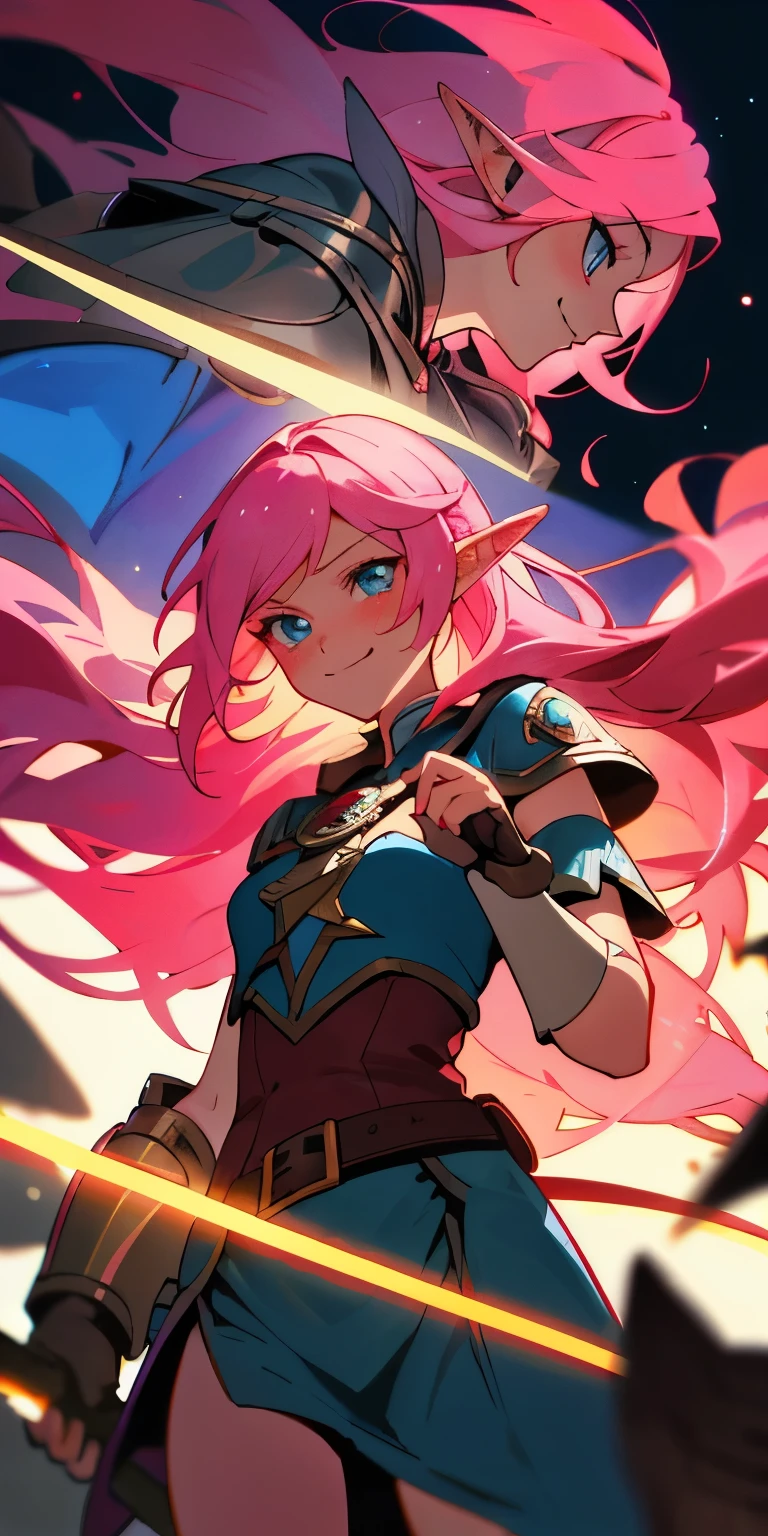 Very detailed illustration of a valkyrie, elf woman, long dark-pink hair, smirk, blue eyes, blushed, zoomed, detailed colorful port environment, whimsical, tetradic colors, cartoon, darkest dungeon merged with league of legends, MSchiffer, fairytale, fantasy, cartoonish vector, anime, manga, vibrant, soft pastel colors, (cel-shaded) flat coloring