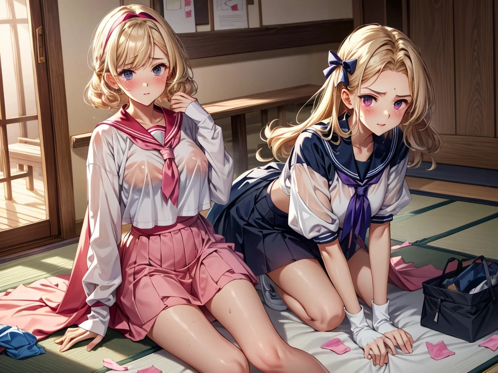 (masterpiece:1.3, Highest quality, Ultra-high resolution, Very detailed), (Realistic, photoRealistic:1.4), Beautiful illustrations, Perfect lighting, Natural light, colorful, Written boundary depth, NFSW,
View your viewers, 1 Girl, Japanese, high school girl, Perfect Face, Cute and symmetrical face, Shiny skin, Sunburned skin,
(Twin tails:1.5, Blonde), Hair between the eyes, blue eyes, (Large Breasts, seductive Thighs, Big Ass), Thighs, sum,
Beautiful Hair, Beautiful Face, Beautiful attention to detail, Beautiful clavicle, Beautiful body, Beautiful breasts, 美しいThighs, Beautiful feet, Beautiful fingers,
(Beautiful views), (Pose to open legs), (Captivating smile,), (School uniform),(loose socks)