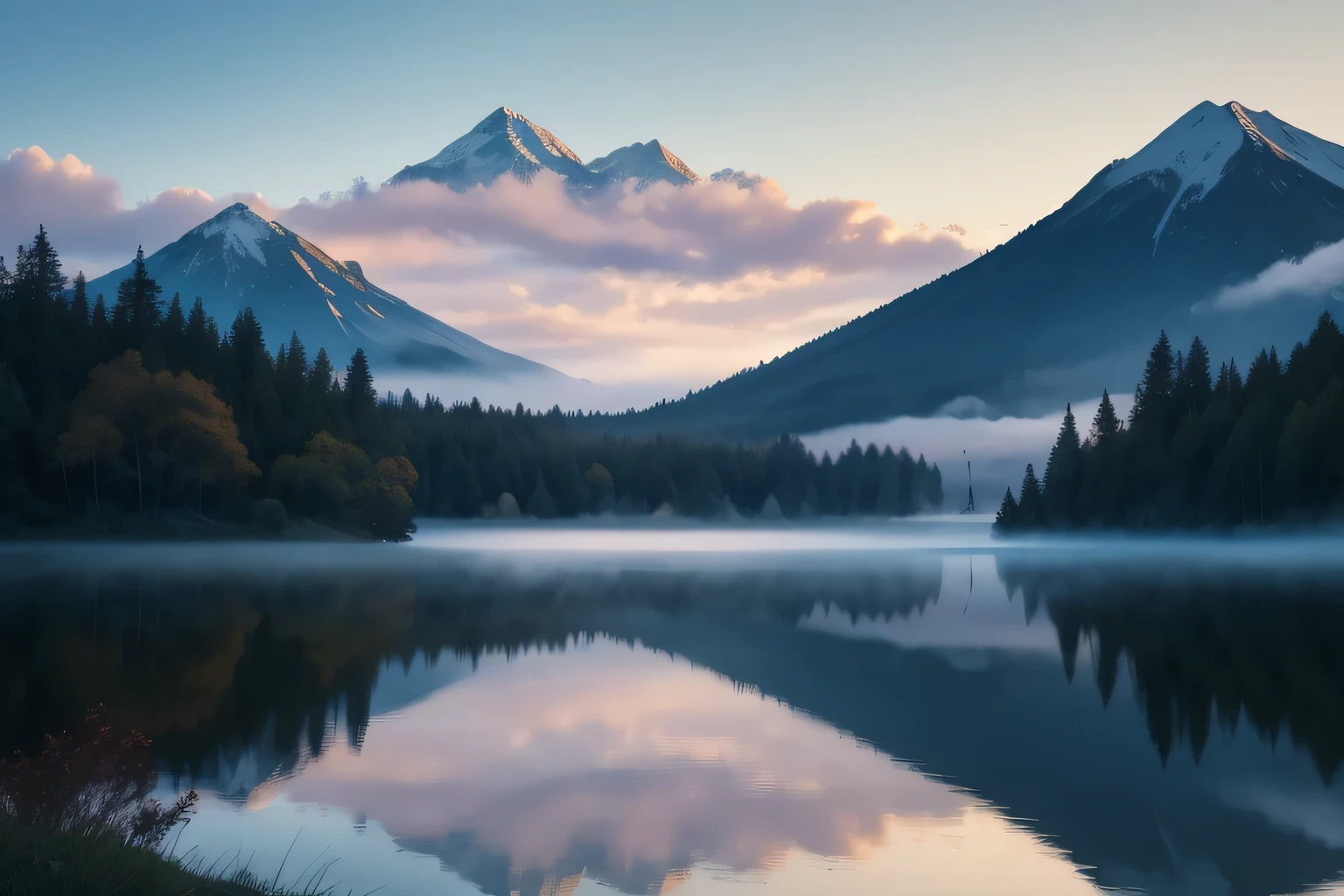 soft pastel colors, Serene landscape, A quiet lake reflecting the first light of dawn, fog rising from the water, Distant mountains silhouetted against a brightly shining sky, Single tree in the foreground, birds, feeling calm and hopeful, Heavenly and dreamy atmosphere, impressionistic style, Skillfully combined colors, soft brush strokes, Evokes a feeling of renewal and new beginnings.masterpiece,8K,high quality