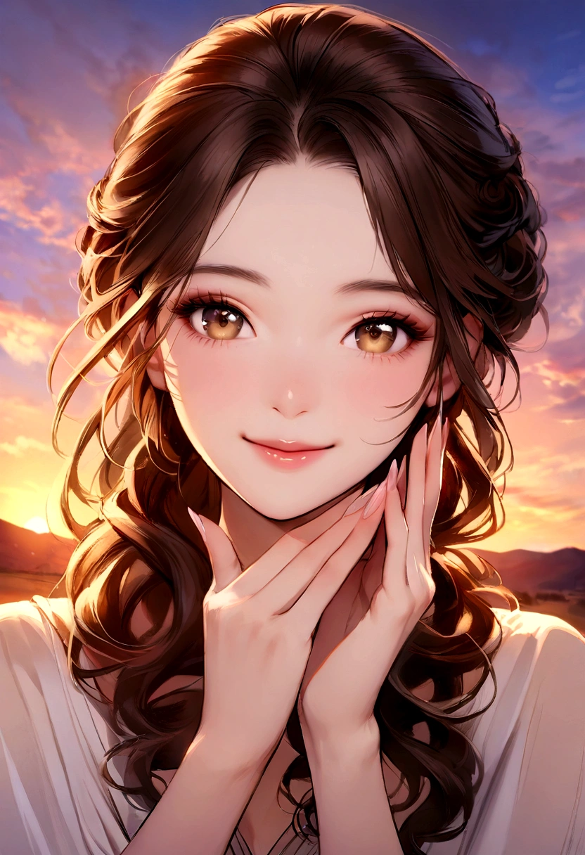 "Generate a realistic portrait of a beautiful 21-year-old Asian woman. She should have smooth, flawless skin, expressive eyes, and a gentle smile. Her hair should be long and sleek, framing her face elegantly. The setting should be natural and soft, enhancing her beauty.,sunset,soft light,"photo of a Beauty Arabic women ,, extremely beautiful face, curly hairstyle, brown hair color, smiling expression, The overall image should be vibrant and lifelike, capturing her youthful radiance and elegance."