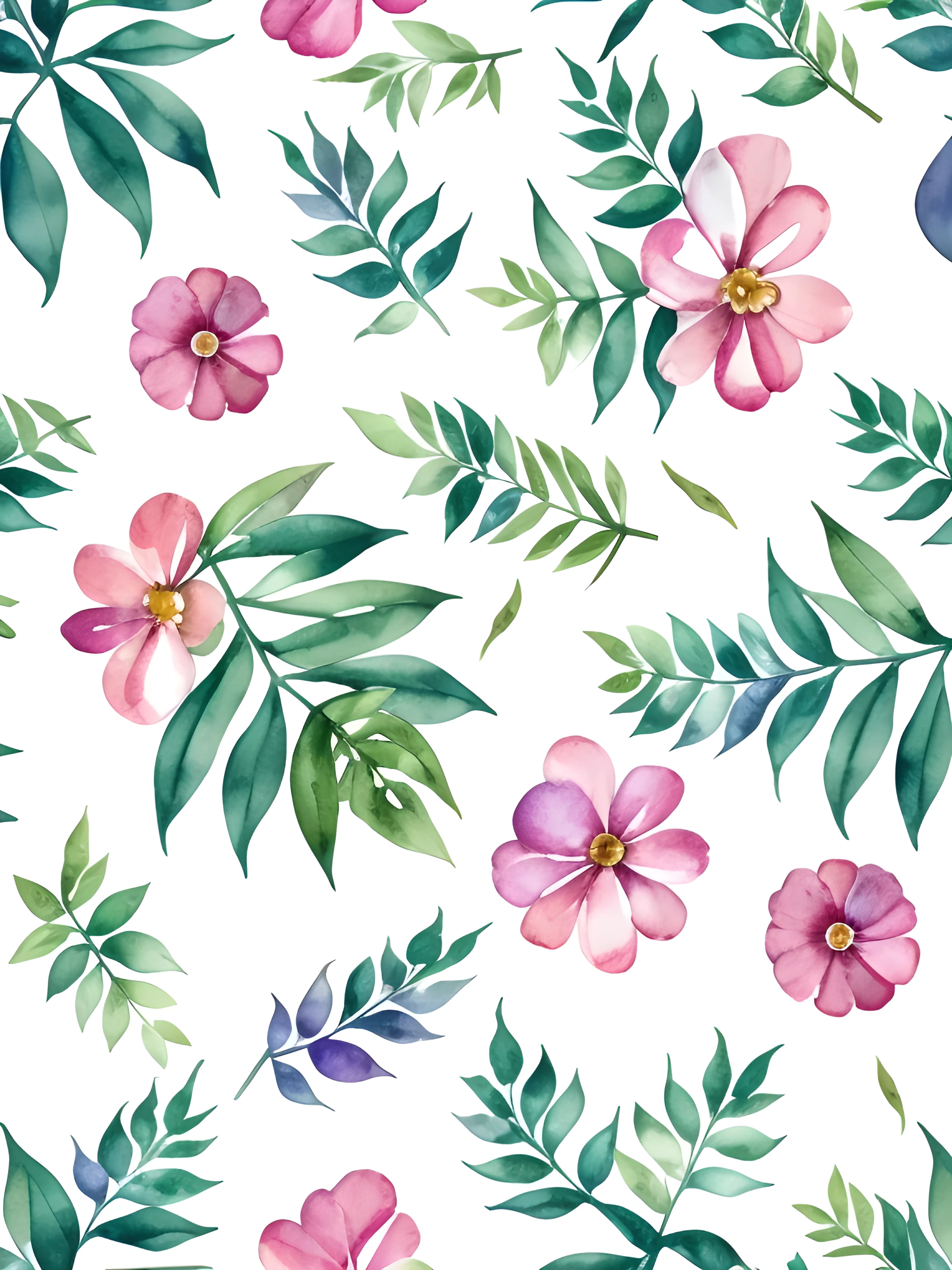 Watercolor pattern of beautiful flowers, berry, Ferns, foliage, Calming colors #3b4195 Color background. Watercolor paper texture.