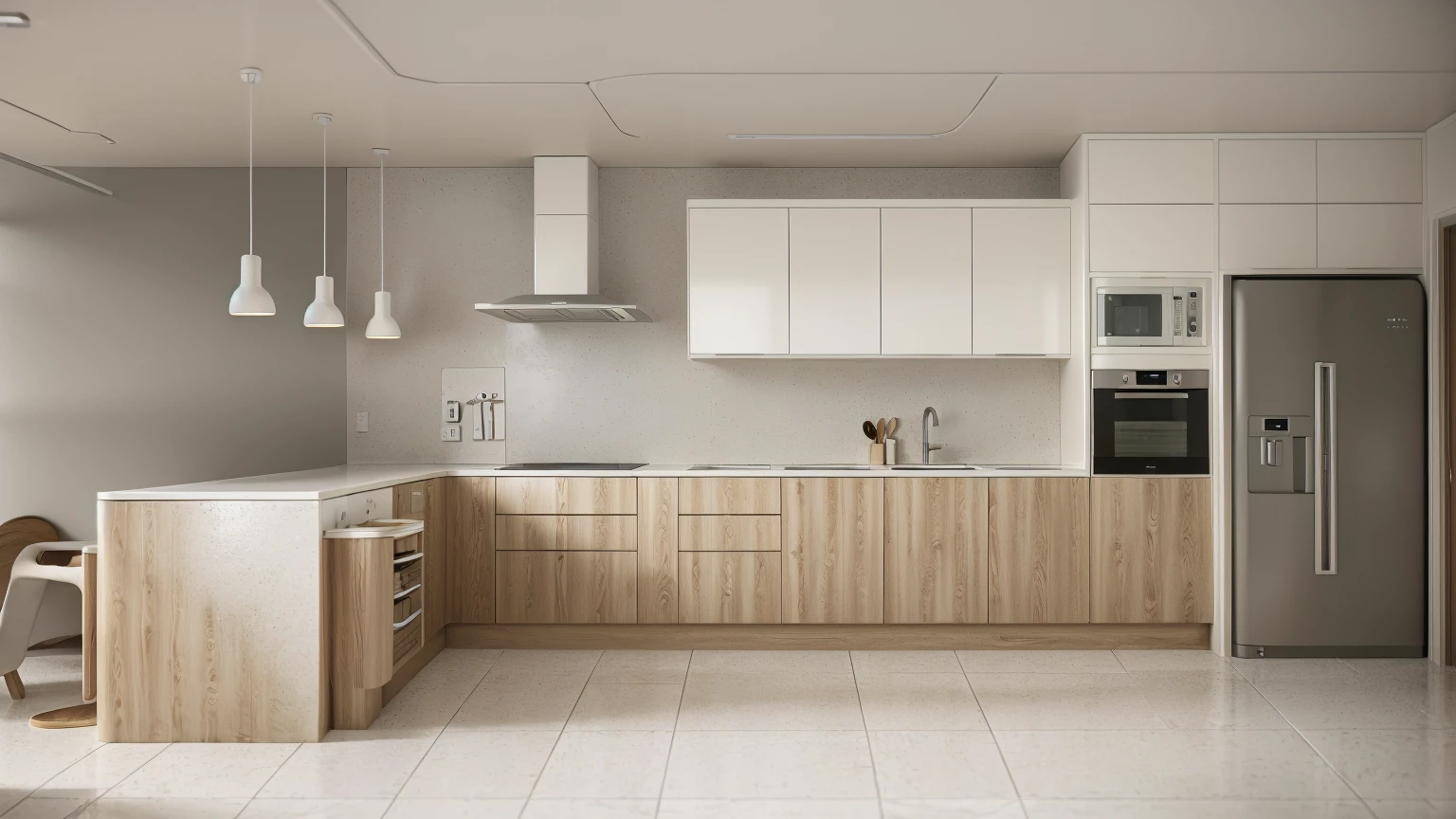 Kitchen design, Super sharp like a photo taken with a professional camera, (Masterpiece, best quality, 8k uhd, dslr, soft light, high quality, super detailed, film grain, Fujifilm XT3, UE 5 8k renders, super high resolution, super detail :1.2), color block wall decoration, abstract poster decoration, glossy floor, (((volumetric lights)))