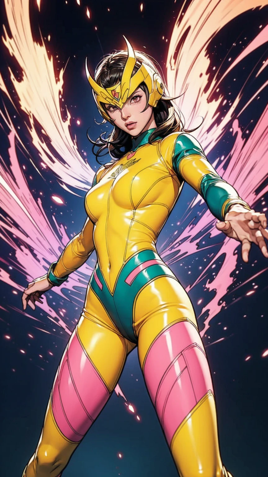 Solo, A brave and courageous image of a 6 member ranger team, Each one is decorated in vibrant colors such as:: ((Pink)), red is front of center, violet, Green, yellow, blue black, white,. Dynamic poses in a background that exudes energy and courage, neon, fire, plasma, Fluorescent, shocking, pink big bomber, splashing pink, running, fighting pose, action pose, Embodying the essence of the classic Sentai superhero team. Each Ranger:: The attire is sophisticated and modern, Each color has elements that reflect its theme., Ready for action. ((Camel Toe)), weapons, in sunset background , in cinematic lighting, cover art mixed cinema poster style,