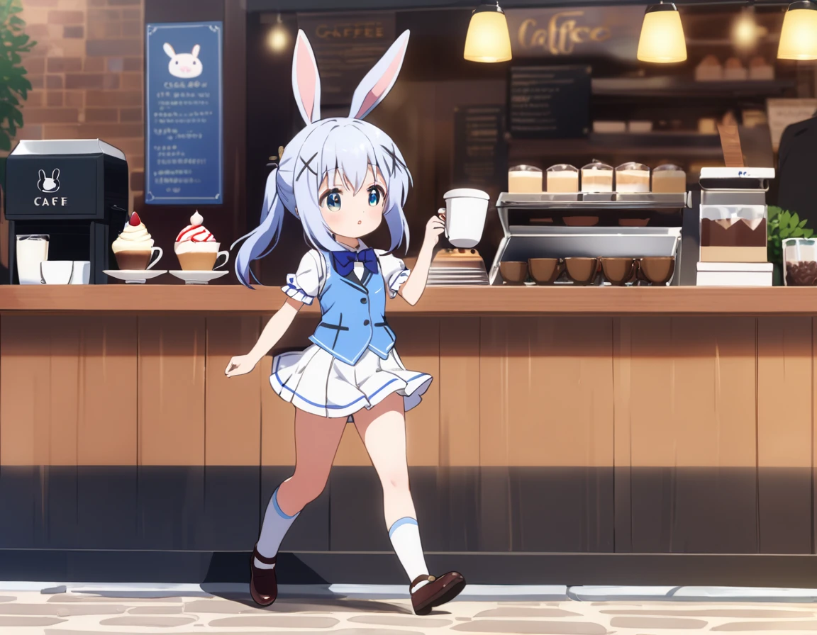 chino, best quality,perfect face, shining eyes, cafe,coffee,****,full body,blue vest,short skirt,embarrassing,rabbit ornaments, walking,