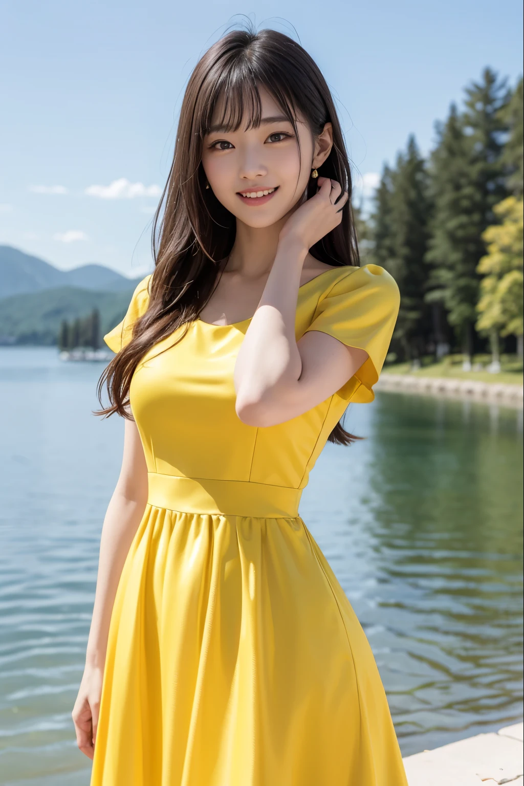 Highest quality, figure, Super detailed, In detail, High resolution, 8k wallpaper, Perfect dynamic composition、Woman standing by the lake、Beauty、Well-formed face、Uniform eyes、20 years old、university student、(((Wearing a long yellow dress)))、Wearing pumps、Smiling、Hands in front、Well-balanced proportions、Perfect blue sky、Medium build、Small Bust、Viewer&#39;s gaze: Looking at the whole body from the front、