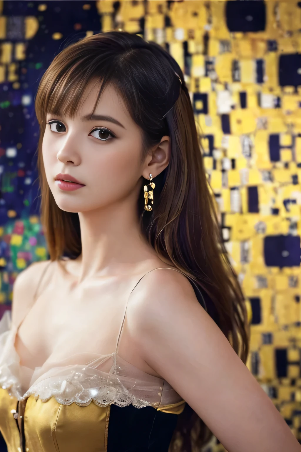 ((masterpiece:1.4, Highest quality)), (Realistic photos:1.4), (artwork),
((1 Girl)), (Otherworldly beauty), (dream-like),
(超High resolution:1.2), Very delicate and beautiful, wonderful, Very detailed CG Unity 8k wallpaper, Very detailed, High resolution,
Soft Light, Beautiful detailed girl, Very detailedな目と顔, Beautiful and exquisite nose, Beautiful and exquisite,
(Dressed in early 20th century Viennese costume:1.3),
Cinema Lighting, Perfect Anatomy, Slender body, (Parted bangs),
(Portrait of a Girl by Gustav Klimt:1.5), (Abstract Background), (Designed picture background),
Cowboy Shot