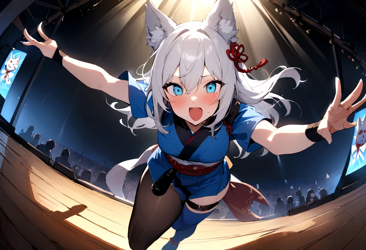 Beautiful cleavage and armpits、solo、shout、studio、recording、smile、Wink、microphoneを持ってshout、Enthusiastic singing、Visible valley、口を大きく開けshout、Sing a song、microphone、(masterpiece, best quality:1.2), 1girl, 独奏,Wolf girl, fox mask, ninja, girl, long white hair, odd eyes, blue kimono, ninja girl, red and blue scarf, fantastic atmosphere.night、Singing on stage、microphoneを持ってshout、、Aside exposure、Black fox mask、Shining Spotlight