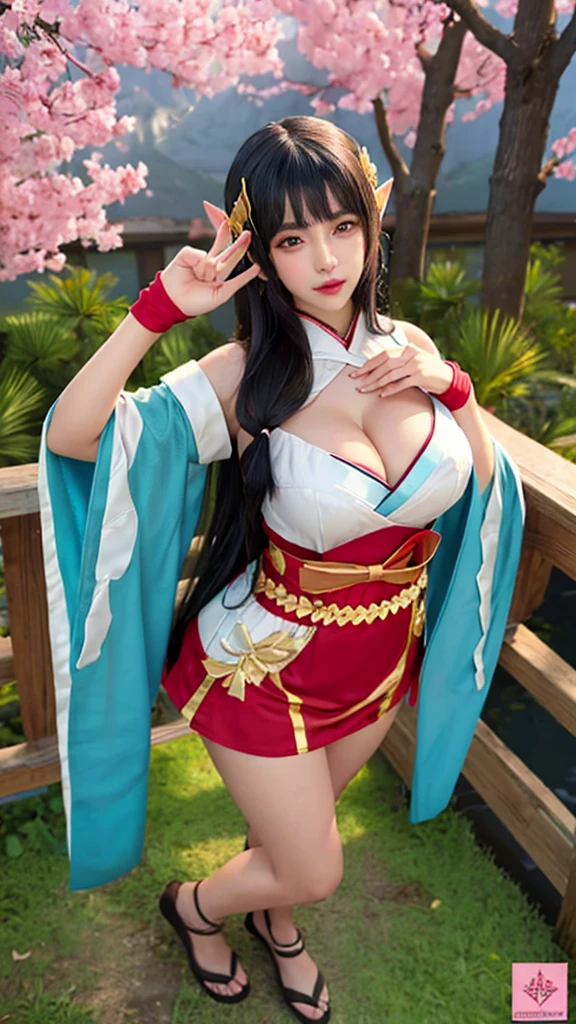 (((big breasts))), cute girls, elf, 1girl, solo, long hair, looking at viewer, skirt, (big breasts and exposed breasts), black hair, hair ornament, gloves, cleavage, brown eyes, detached sleeves, japanese clothes, wide sleeves, blunt bangs, fingerless gloves, stand seriously and 2 hands drop down, lotus, lotus leaf, cherry blossom, japanese temple, a slim navel, full body,(masterpiece,best quality:1.5)