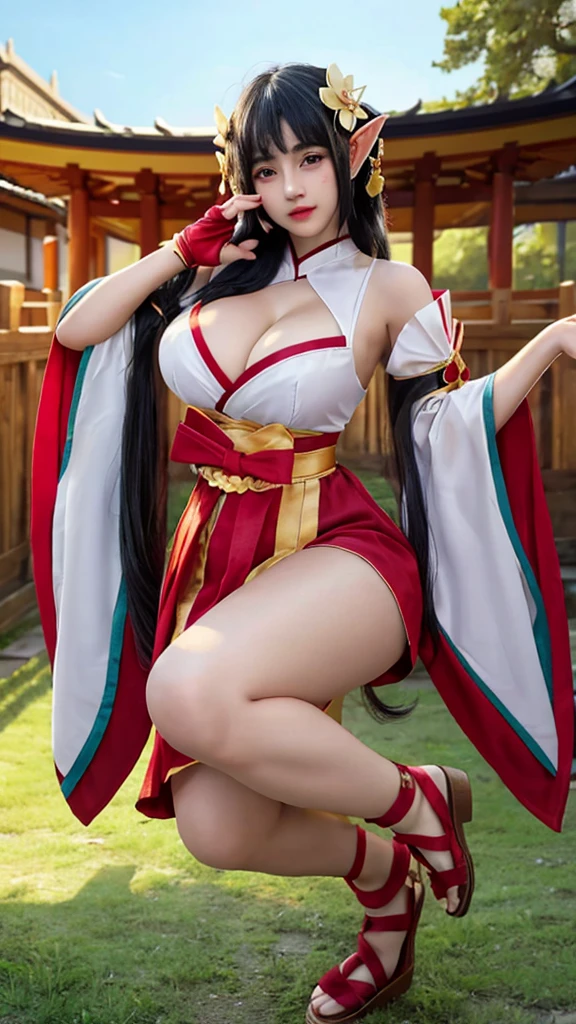 (((big breasts))), cute girls, elf, 1girl, solo, long hair, looking at viewer, skirt, (big breasts and exposed breasts), black hair, hair ornament, gloves, cleavage, brown eyes, detached sleeves, japanese clothes, wide sleeves, blunt bangs, fingerless gloves, stand seriously and 2 hands drop down, lotus, lotus leaf, cherry blossom, japanese temple, a slim navel, full body,(masterpiece,best quality:1.5)