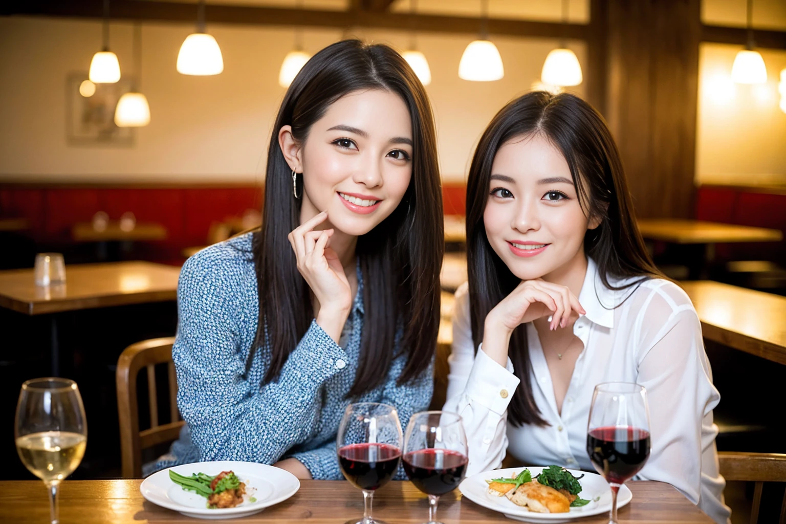 ((Highest quality、8K、masterpiece:1.3))、のsmile、1 male、1 female、Beautiful couple、love love love、Lovers in Paris、Good friends、actress couple、smile、Full-course dinner at a packed table、Brown Hair Couple、the body is スリム、((Bob Hale、Straight hair:1.2)), (Realistic, Intricate details:1.2), Wine glasses on the table、Put the light on your face、 Amazing view of the sunset sky and clouds、A bright smile、The wonderfulness of smile、Bright image、The beauty of wine, Beautiful Face, blue eyes, The light shines on your face, Blushing, short hair,Bright Face、 (Age 37), 39 years old, red wine 、Wine bottle、Champagne、sparkling wine、Two beauties、Brown Hair、Shortcuts、Long sleeve shirt、dress、Beautiful woman 1, (Slim face), (the body is スリム), (Brown Hair), (Shortcuts), cheeks turn a little red,Attractive beauty、restaurant, 