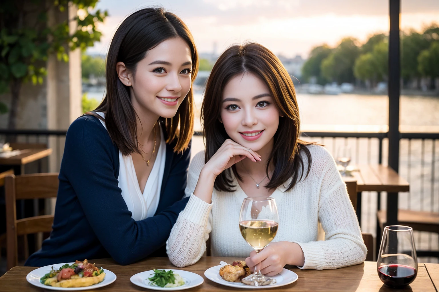 ((Highest quality、8K、masterpiece:1.3))、のsmile、1 male、1 female、Beautiful couple、love love love、Lovers in Paris、Good friends、actress couple、smile、Full-course dinner at a packed table、Brown Hair Couple、the body is スリム、((Bob Hale、Straight hair:1.2)), (Realistic, Intricate details:1.2), Wine glasses on the table、Put the light on your face、 Amazing view of the sunset sky and clouds、A bright smile、The wonderfulness of smile、Bright image、The beauty of wine, Beautiful Face, blue eyes, The light shines on your face, Blushing, short hair,Bright Face、 (Age 37), 39 years old, red wine 、Wine bottle、Champagne、sparkling wine、Two beauties、Brown Hair、Shortcuts、Long sleeve shirt、dress、Beautiful woman 1, (Slim face), (the body is スリム), (Brown Hair), (Shortcuts), cheeks turn a little red,Attractive beauty、restaurant, 