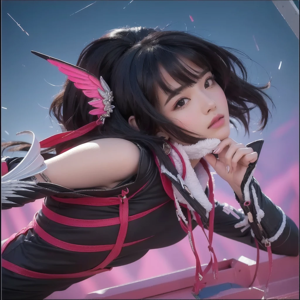 Cute girl with black hair and pink wings posing for a picture, extremely detailed, realistic