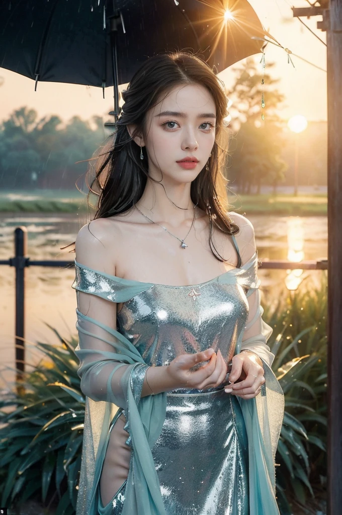 (((best quality))),(((ultra detailed))),(((masterpiece))),illustration,1 beautiful girl,solo,slim,thin,flat chest,shoulder length straight bob hair,flowing hair,fair skin,(shiny skin:1.3),sparkling eyes,blue dress,delicate silver necklace,grass,dewdropletts,trees,bird chirping,(shimmering shadows:1.3),serenity,gratitude,awe,wonders of nature,peace,contentment,magnificent world,summer,(sunrise:1.5),(pitch-dark dawn:1.5),upper body,from front,(after rain:1.3),(wet:1.3),standing,dark clouds,light shining,confident gaze,elegant posture,mysterious atmosphere,solemn mood,beam of light,deep blue sky,dawn approaching,detailed decorations