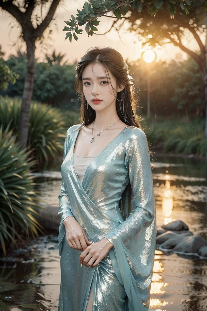 (((best quality))),(((ultra detailed))),(((masterpiece))),illustration,1 beautiful girl,solo,slim,thin,flat chest,shoulder length straight bob hair,flowing hair,fair skin,(shiny skin:1.3),sparkling eyes,blue dress,delicate silver necklace,grass,dewdropletts,trees,bird chirping,(shimmering shadows:1.3),serenity,gratitude,awe,wonders of nature,peace,contentment,magnificent world,summer,(sunrise:1.5),(pitch-dark dawn:1.5),upper body,from front,(after rain:1.3),(wet:1.3),standing,dark clouds,light shining,confident gaze,elegant posture,mysterious atmosphere,solemn mood,beam of light,deep blue sky,dawn approaching,detailed decorations