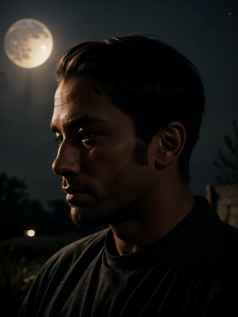 A man looking at the moonlight, dramatic lighting