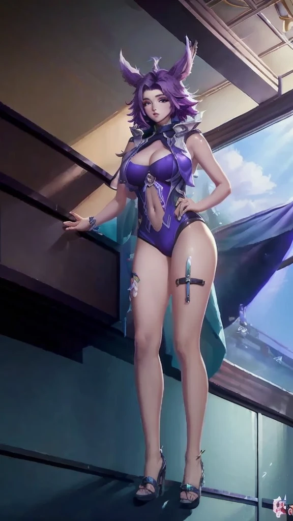 Fan Qi, league of legends splash art, big breasts and exposed breasts a detailed painting, sots art, 1girl, ((big breasts:1.21)), cleavage, short hair, looking at viewer, (((indoors:1.33))), purple hair, standing and 2 hands drop down, sky, soaking feet, a slim navel, full body, (masterpiece, best quality:1.5),