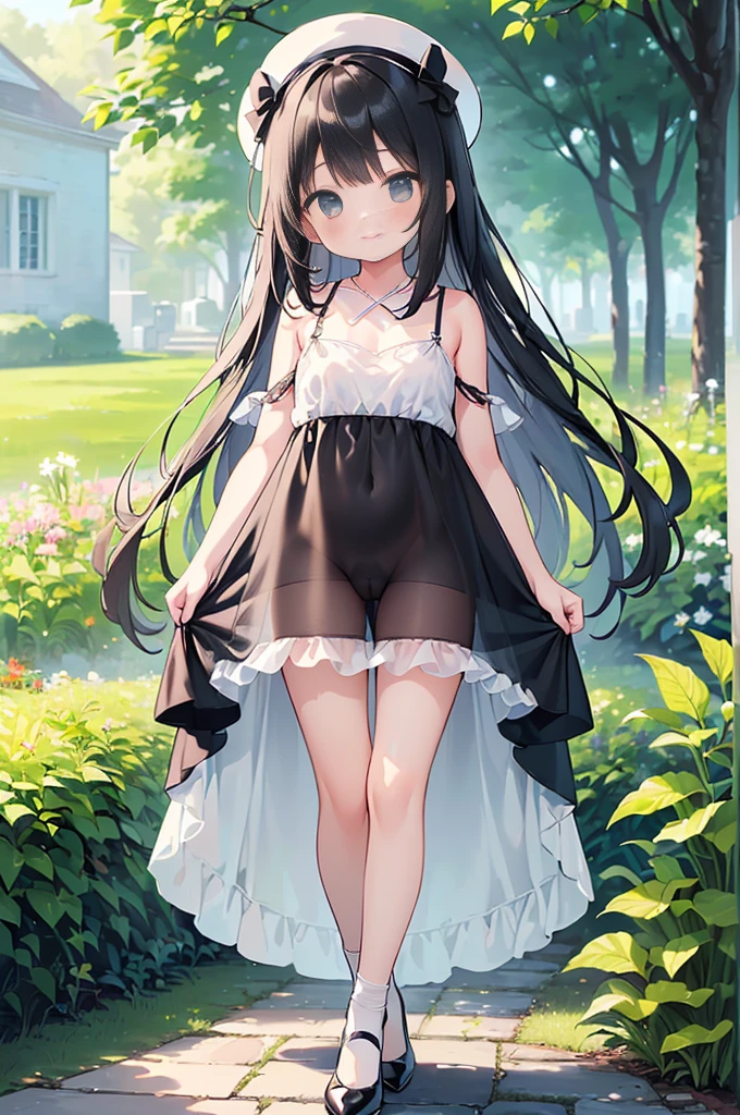 (high quality, High resolution, Very detailed, reality:1.37), Peaceful atmosphere, (Outdoor, garden), 5 year old girl standing alone, (my breasts are small.), Beautiful details, Cute Smile, (Black long hair), ((White sheer camisole dress)), White socks, White high heels、White Hat.NSFW、((Sheer milk))、((Crotch showing through))