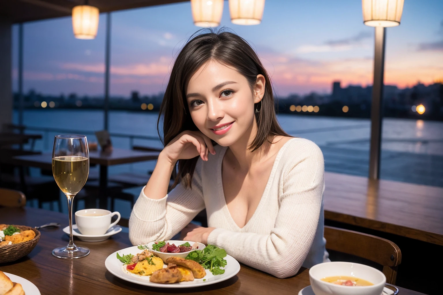 ((Highest quality、8K、masterpiece:1.3))、1 male、1 female、Couple、spouse、石原さとみ似美女Couple、The body is slim、((Bob Hale、Straight hair:1.2)), (Realistic, Intricate details:1.2), テーブルのフルコースディナーとwine glass、Shine light on your face、 Amazing view of the sunset sky and clouds、A bright smile、The wonderfulness of smile、Bright image、The beauty of wine, Beautiful Face, blue eyes, The light shines on your face, Blushing, short hair,Bright Face、 (43 years old), 39 years old, red wine 、Appetizers、Italian food、Wine bottle、Champagne、sparkling wine、Two beauties、Brown Hair、Shortcuts、Long sleeve shirt、dress、Beautiful woman 1, (slimな顔), (The body is slim), (Brown Hair), (Shortcuts), cheeks turn a little red,Attractive beauty、restaurant, In a prominent place (From the waist up) Nova Frog Style, actress, model, Upper Body, White wine, slim, wine glass, 中央に置かれたwine glass, smile, (smile: 1.15), Beautiful fine grain, Depth f/2,saturation, High Contrast, Strong light and shadow,Moist Body:1.5、3D texture、Delicate eyes、Brown Hair、The hair is very shiny、