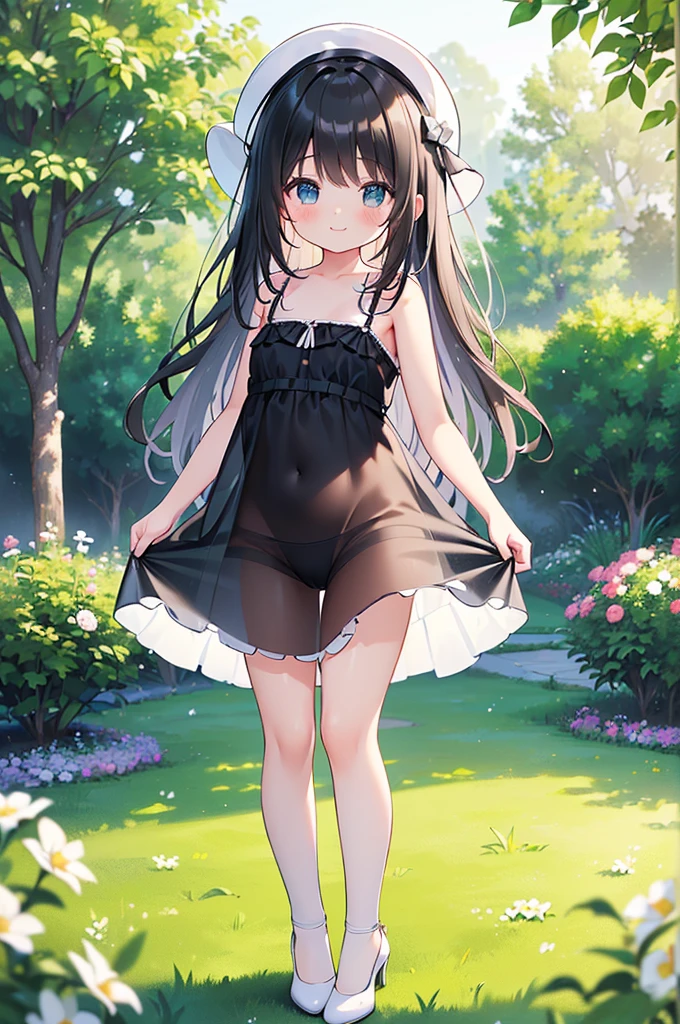 (high quality, High resolution, Very detailed, reality:1.37), Peaceful atmosphere, (Outdoor, garden), girl standing alone, (my breasts ar.), Beautiful details, Cute Smile, (Black long hair), ((White sheer camisole dress)), White socks, White high heels、White Hat.NSFW、((Sheer milk))、((Crotch showing through))