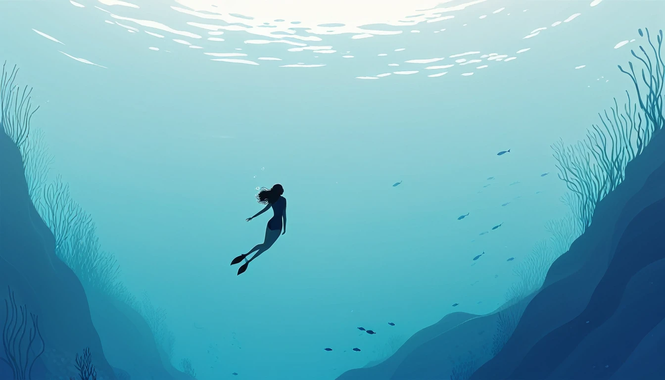 Minimalist Journey, diving, Solitary, 1 girl swimming gracefully with beautiful curves, Minimalism, Under the Sea, illustration.