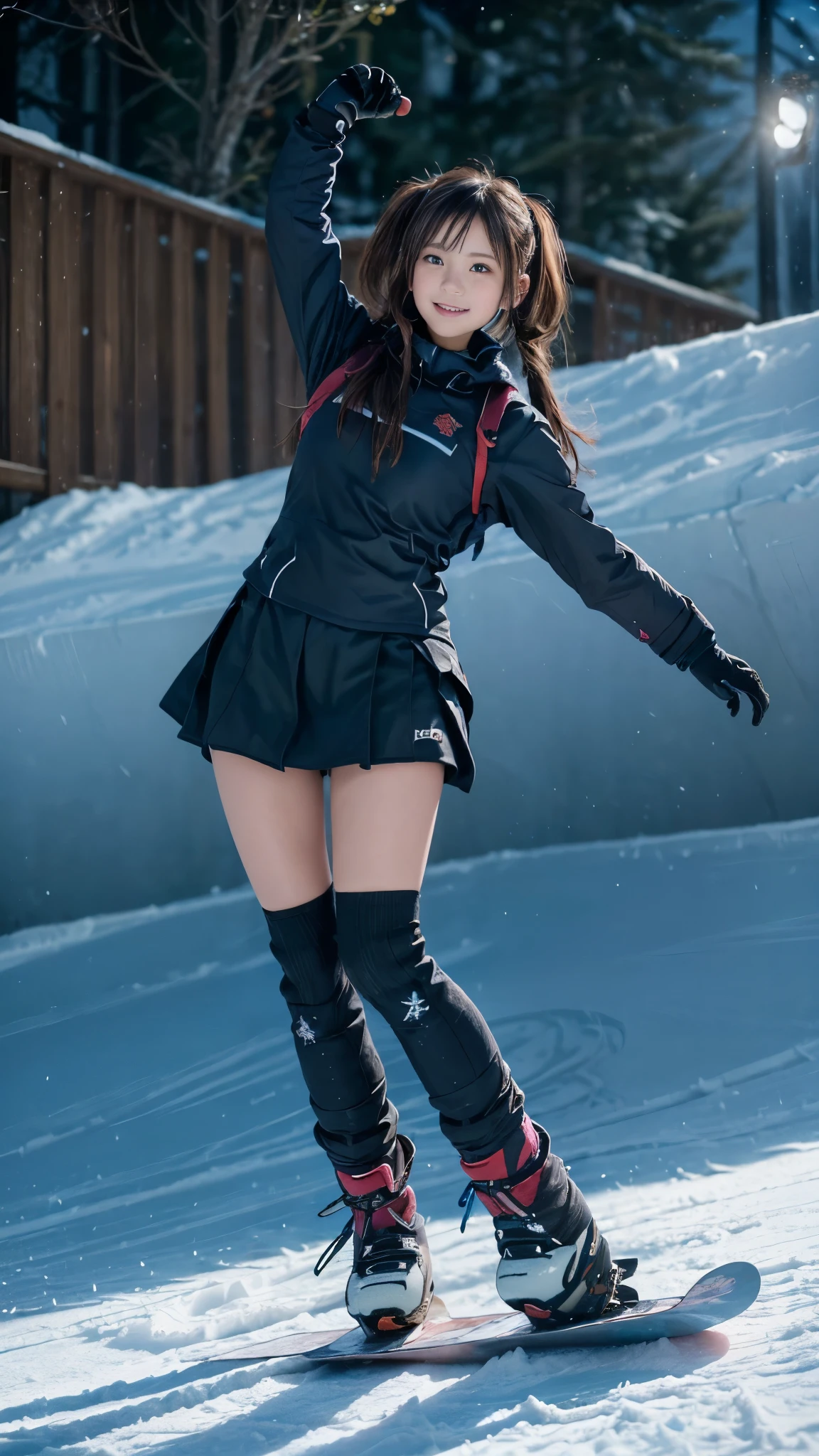 (((A high school girl snowboarding on a slope:1.2))), (beautiful girl, Amazingly cute face, Idol Face:1.2), (((One snowboard))), Detailed Snowboard, (Captivate those around you), (Outstanding Style), ((Detailed eyes and face, Professional photography techniques, Cinema Lighting)), Detailed hands, (Highest quality, 8K, masterpiece:1.2, RAW Photos), (Reality:1.4), View the viewer, ((Stylish snowboard wear:1.2)), Short pigtails, (Perfect Anatomy:1.3), ((Fantastic landscape:1.2))