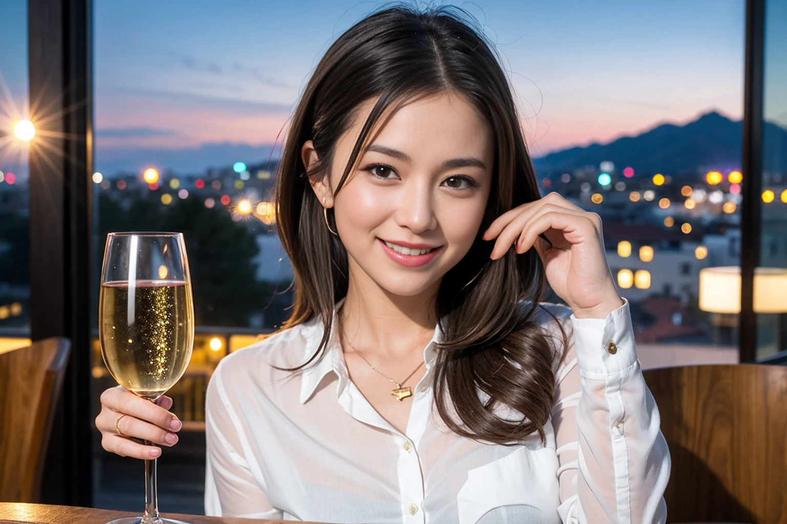 ((Highest quality、8K、masterpiece:1.3))、Sharp focus:1.2、Beautiful woman perfect body:1.4、slimなボディ、((Bob Hale、Straight hair:1.2))、(to be born, Highest quality, masterpiece:1.5), (Realistic, Intricate details:1.2), テーブルにwine glass、Shine light on your face、 Amazing view of the sunset sky and clouds、Amazing mountain views、ニコニコ明るいsmile、smileの素敵な女性、Bright image、2. The beauty of wine, Beautiful Face, blue eyes, The light shines on your face, Blushing, short hair,Bright Face、Fox face、43 years old), 39 years old, Lady、red wine 、Appetizers、Italian food、Wine bottle、Champagne、sparkling wine、Two beauties、Brown Hair、Shortcuts、Long sleeve shirt、dress、Beautiful woman 1, (slimな顔), (The body is slim), (Brown Hair), (Shortcuts), cheeks turn a little red,Attractive beauty、, Out of the window, Beautiful and detailed night view.........., restaurant, In a prominent place (From the waist up) Nova Frog Style, actress, model, Upper Body, White wine, slim, wine glass, 真ん中に置かれたwine glass, smile, (smile: 1.15), Beautiful fine grain, Depth f/2,saturation, High Contrast, Strong light and shadow,Moist Body:1.5、 texture、Delicate eyes、Brown Hair、The hair is very shiny、