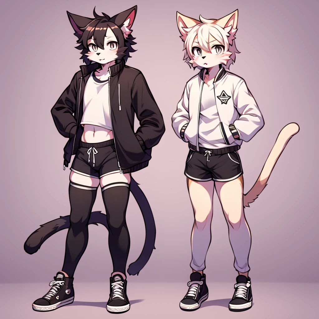 furry,kemono,anthro,
chimera cat,giant fluffy cat ears,cat tail, black and white fur, white eyes, black and white messy hair, slim, twink, femboy, 
 jacket, cropped shirt, shorts, thigh high socks and converse shoes, 
best quality, 4K, UHD, masterpiece, 