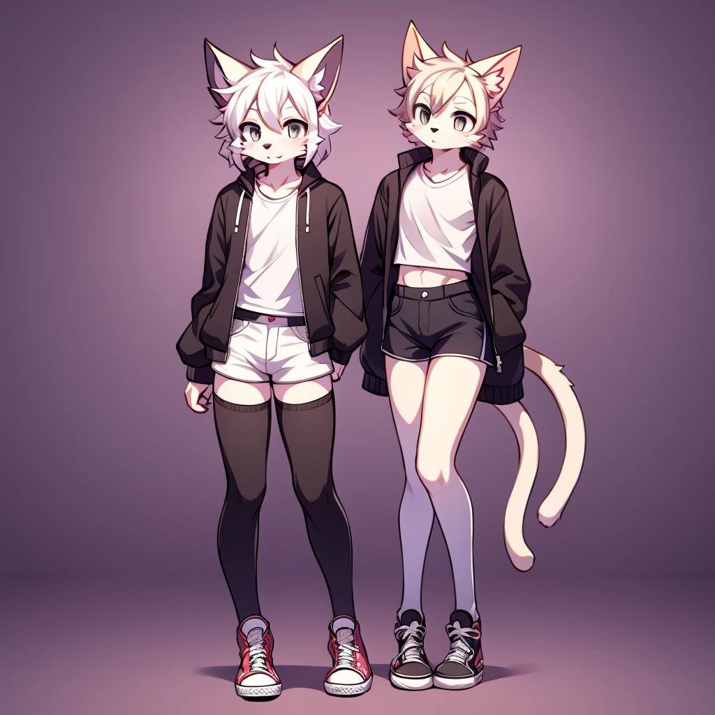 furry,kemono,anthro,
chimera cat,giant fluffy cat ears,cat tail, black and white fur, white eyes, black and white messy hair, slim, twink, femboy, 
 jacket, cropped shirt, shorts, thigh high socks and converse shoes, 
best quality, 4K, UHD, masterpiece, 